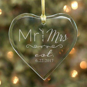 Custom Engraved Wedding Date Glass Heart Ornament