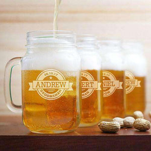 Personalized Groomsmen Badge Mason Jar Glass