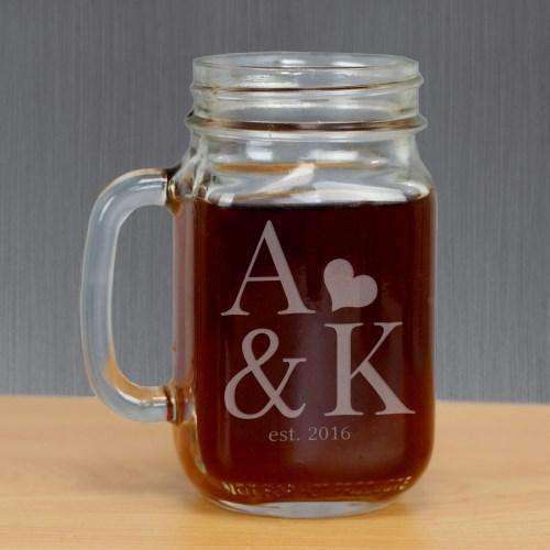 Personalized Mason Jar Glass with Initials and Heart